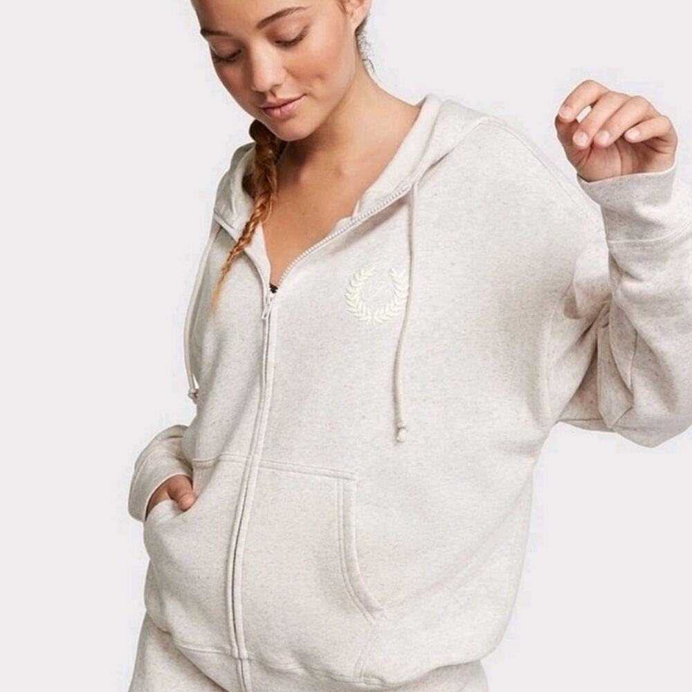 Victoria's Secret PINK Fleece Full-Zip Hoodie Heather Oatmeal Beige - XXL